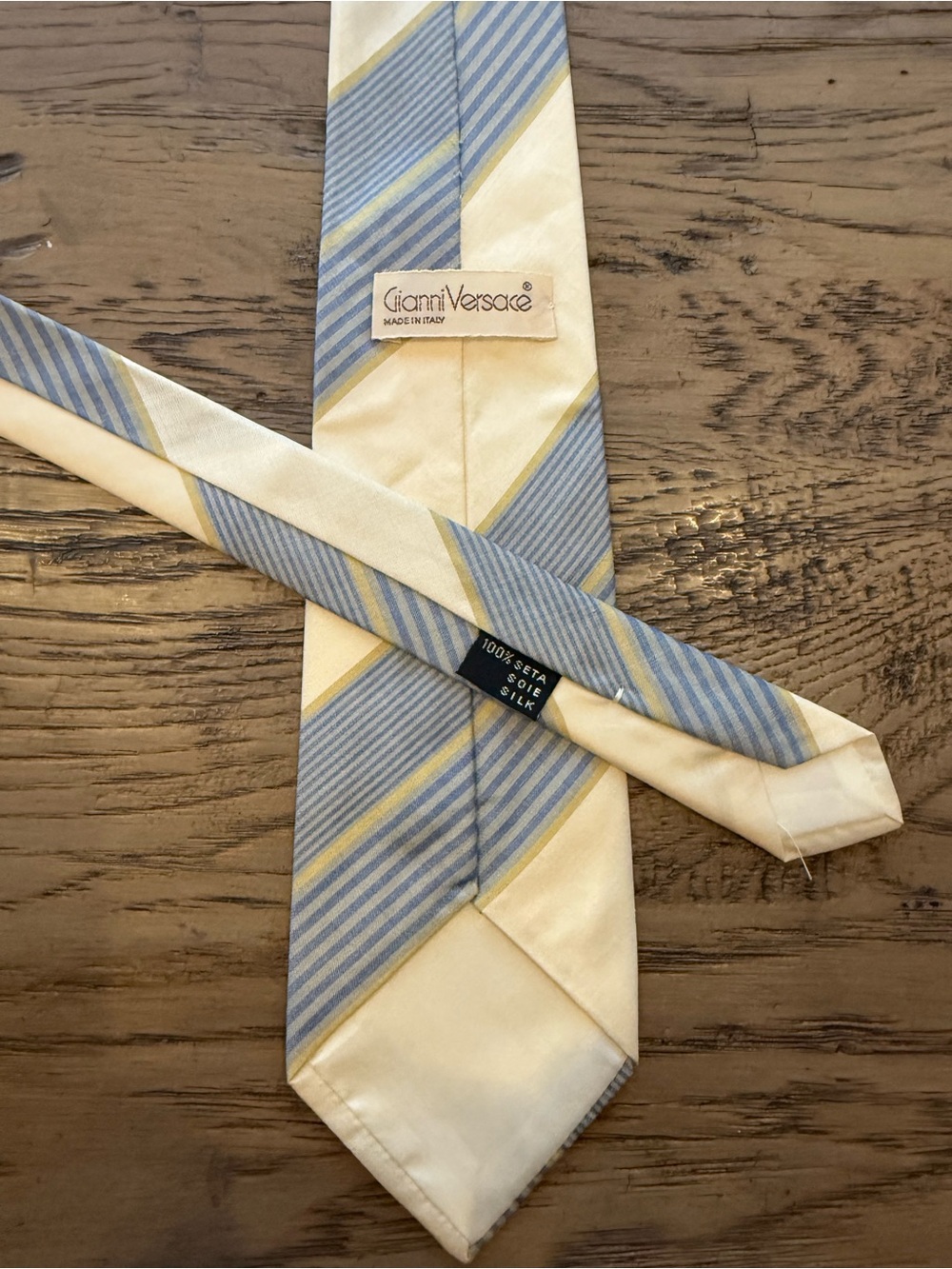 Versace Cream, Light Blue & Yellow Striped Silk Tie